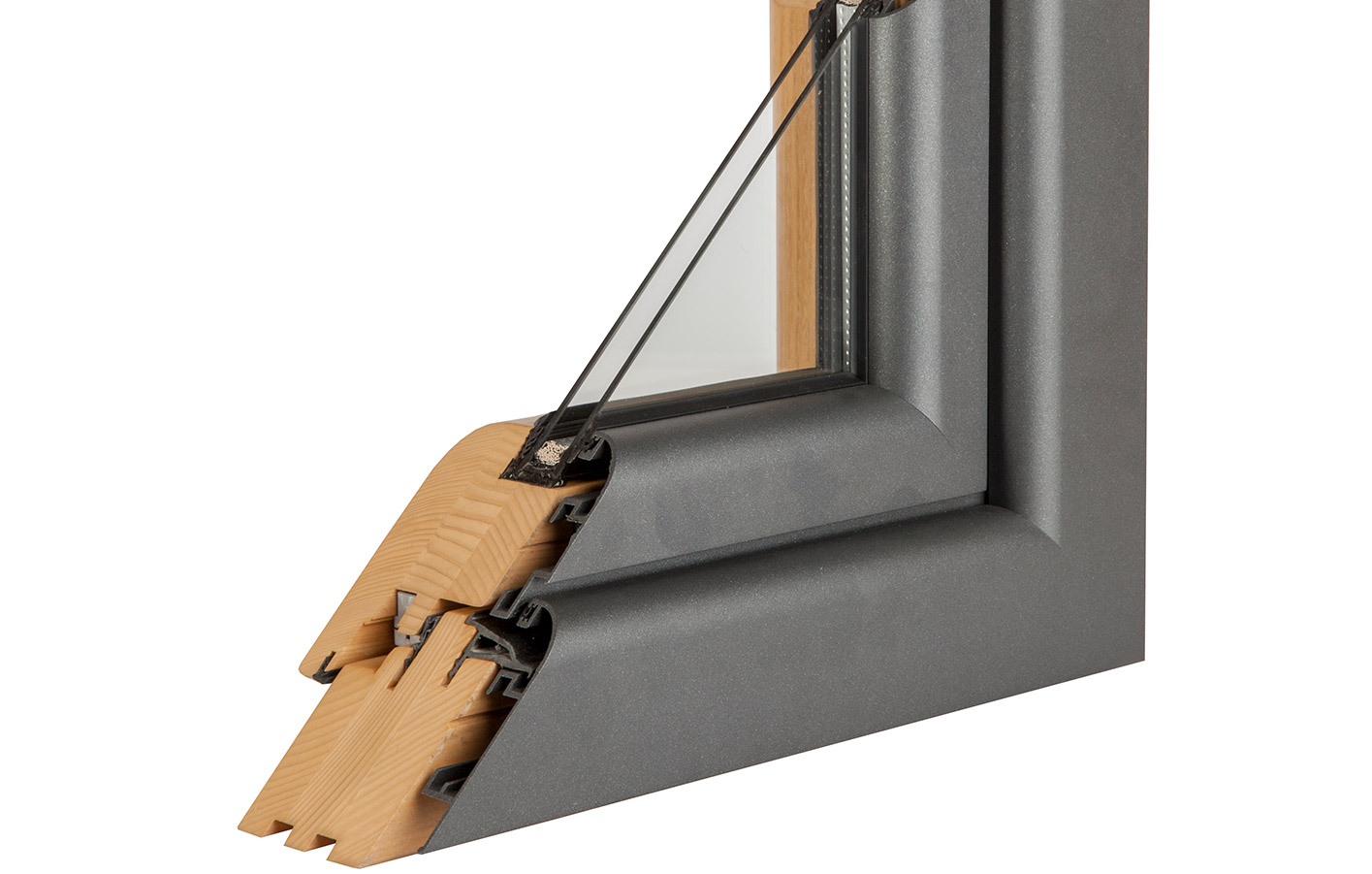 Querschnitt eines Holz-Aluminium-Fensters mit Holzprofil, grauer Aluminiumverkleidung und Mehrscheibenverglasung.