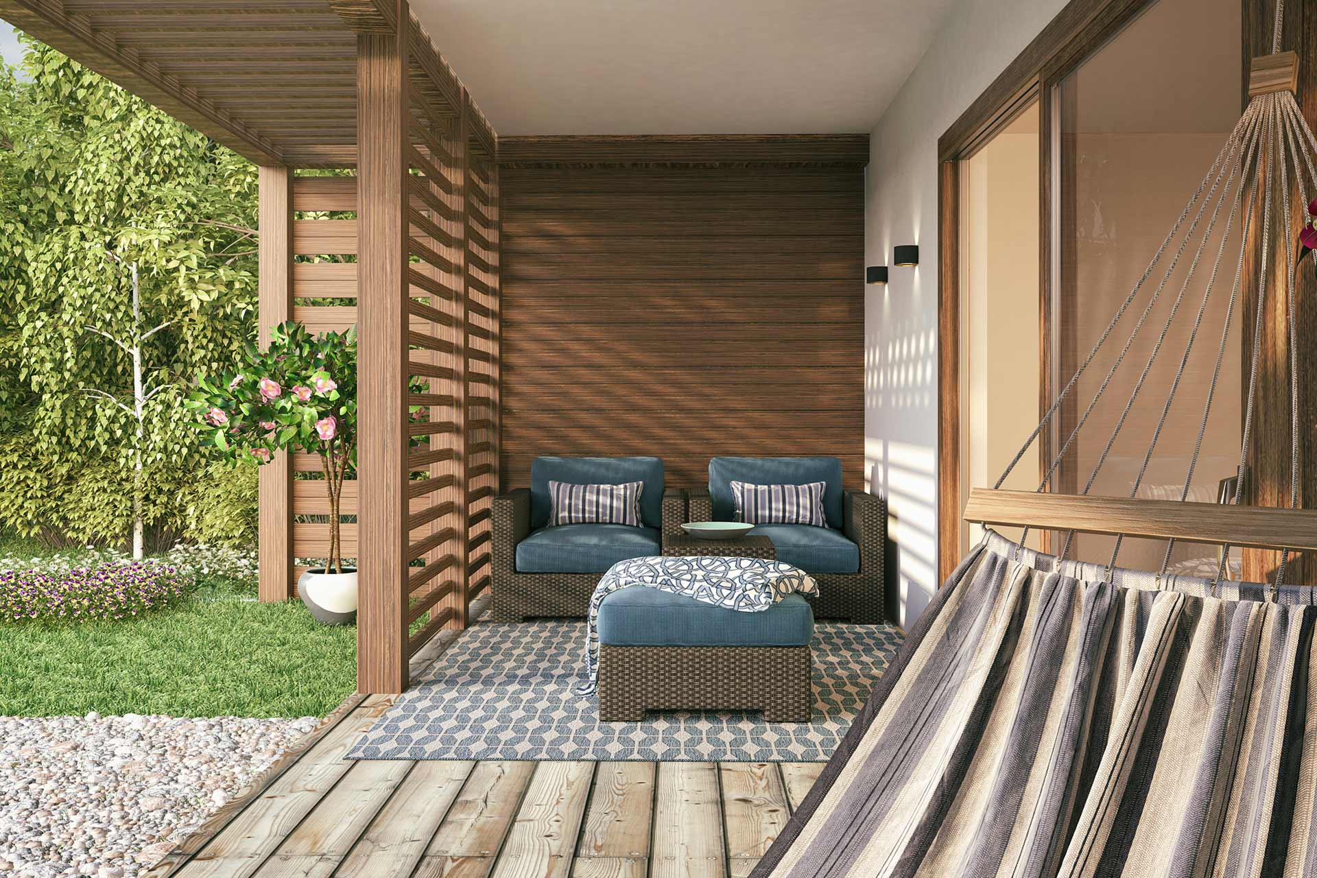 modernes Gartenhaus - ob massivholz Gartenhaus oder Leichtbauweise Blick in modernes Gartenhaus - Wohnhaus im Grünen