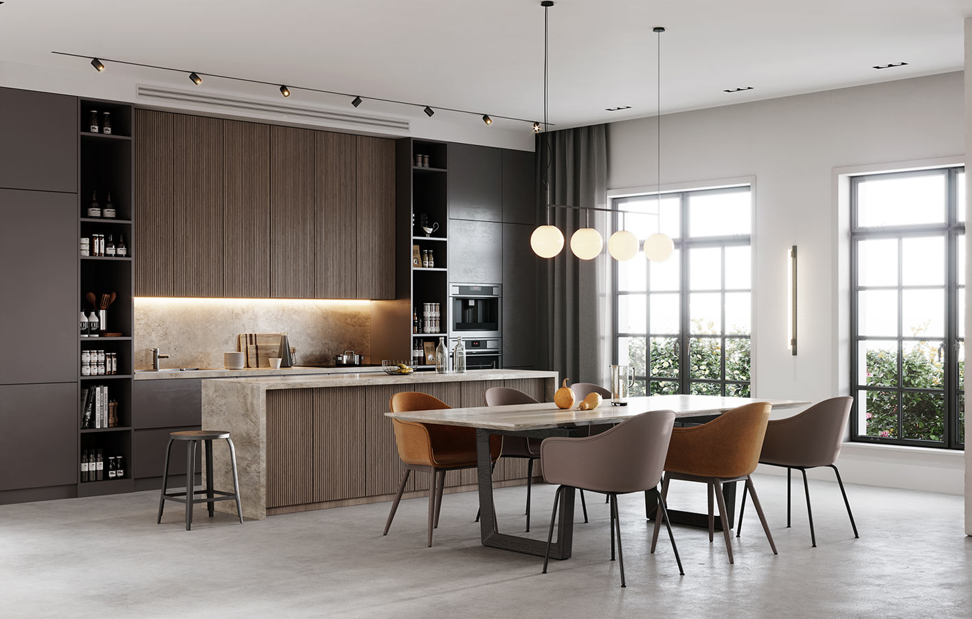 Designboden in moderner grauer Küche
