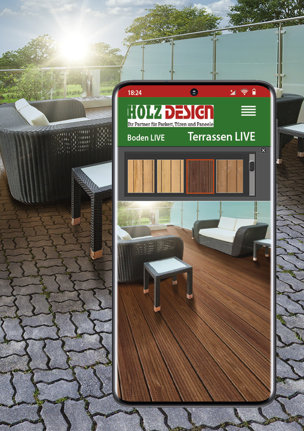 Smartphone mit der Ansicht von Terrasse LIVE - einem Service von HolzDesign Walldorf